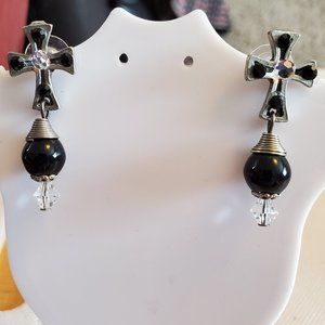 Silver Tone Cross Theme Bead Dangle Stud Earrings